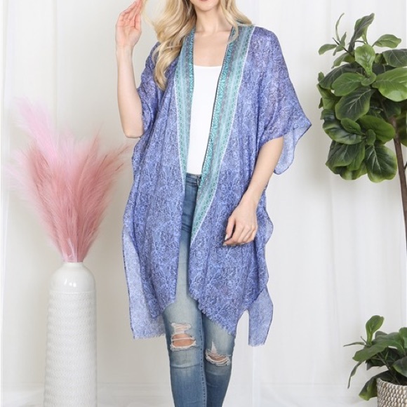 NEW ARRIVAL LIGHTWEIGHT LEAF PRINT INLINE BOHO OPEN FRONT KIMONO-TURQUOISE - Picture 7 of 7